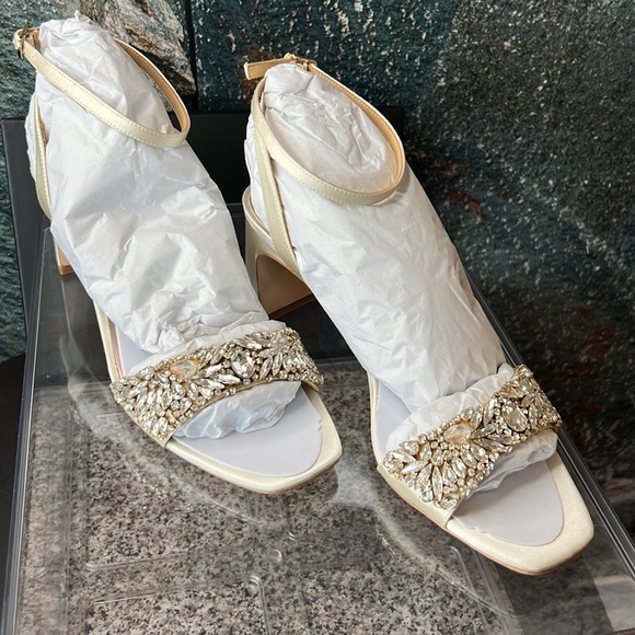 Badgley Mischka Marsha, Block Heel Rhinestone Sandals in Ivory Satin - Picture 14 of 14